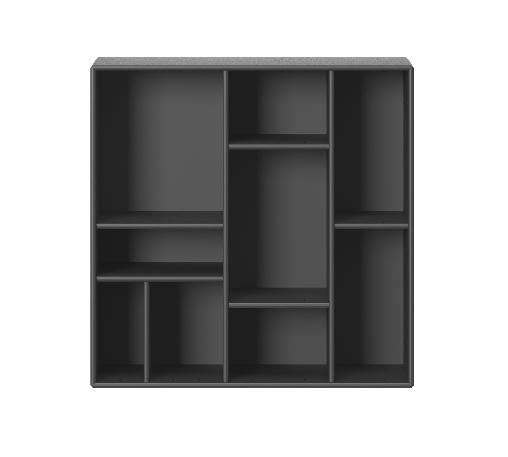 Graues Compile Wandregal von Montana mit mehreren Fächern für Bücher und Dekoration.