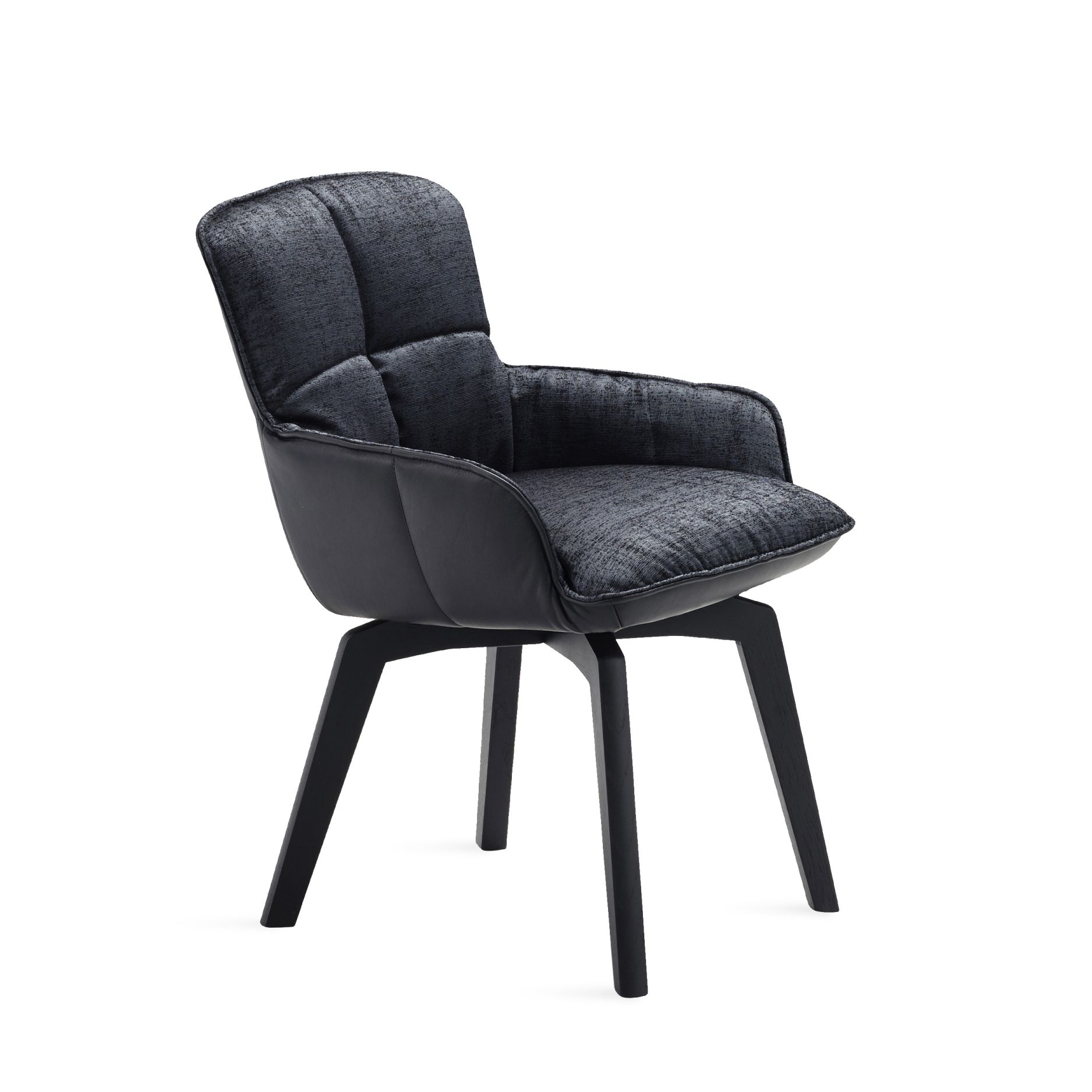 Marla Armlehnstuhl mit niedrigen Armlehnen, gepolstert in Anthrazit, mit schwarzem Holzfuß. Designstuhl für Esszimmer.