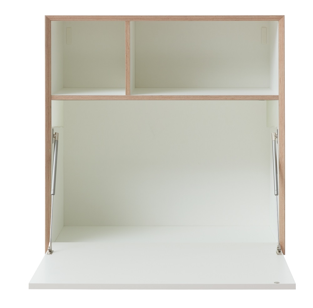 Vertiko Ply Five Wandsekretär von Müller Möbelwerkstätten, weißes Regal mit Fächern und geöffneter Klappe.
