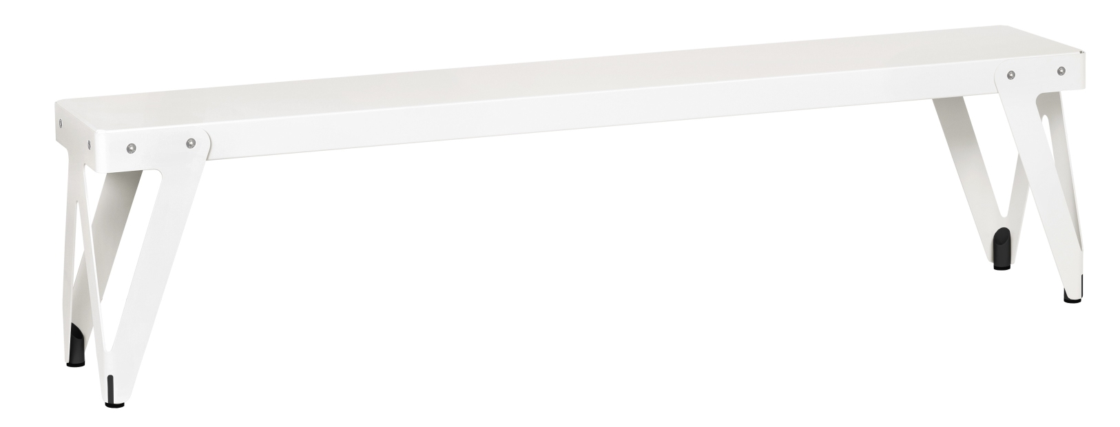 Weiße Lloyd Bank für den Außenbereich mit modernem Design und stabilen Metallbeinen.