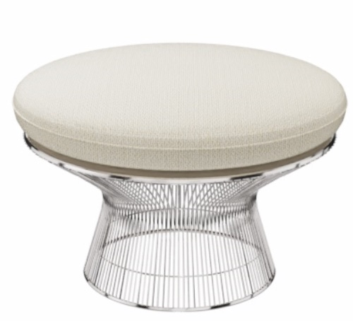 Platner Ottoman von Knoll International mit cremefarbenem Polster und verchromtem Drahtgestell. Moderner Hocker.