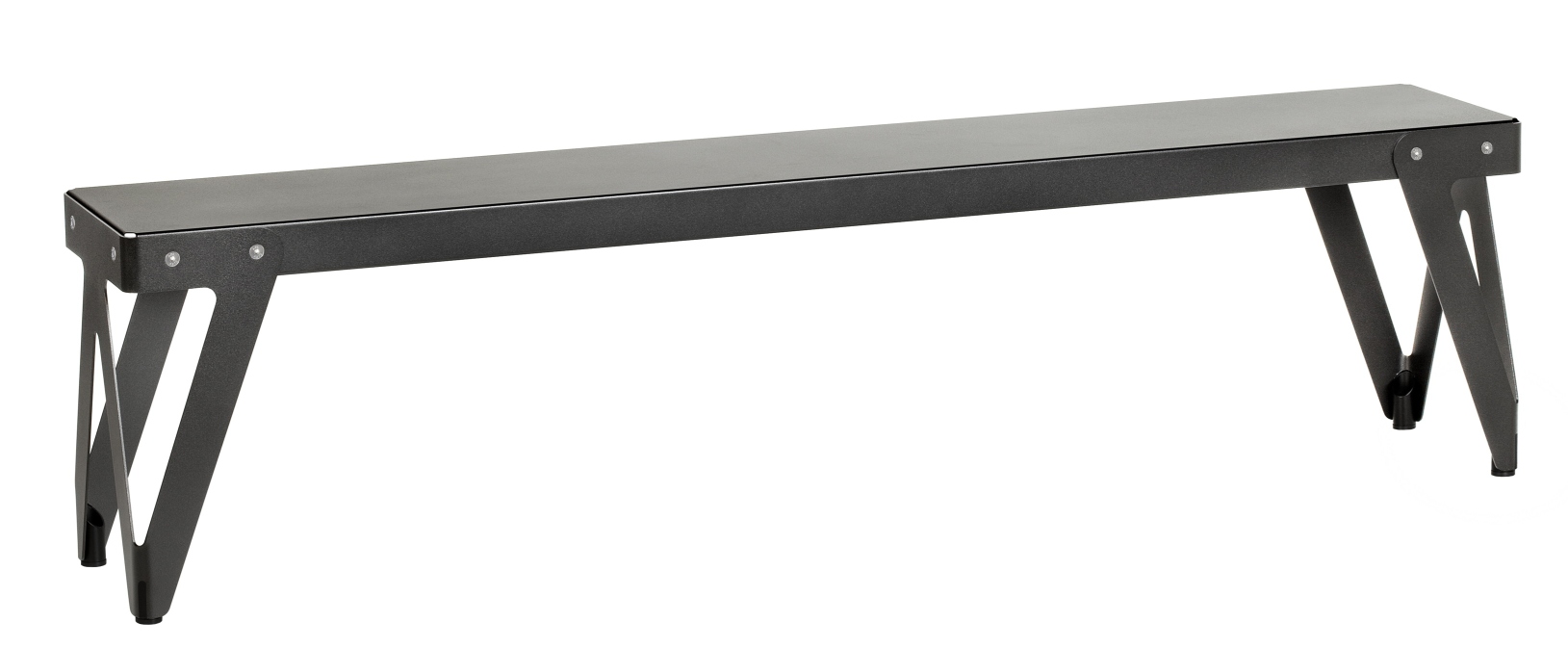 Schwarze Lloyd Outdoor Bank mit minimalistischem Design und robustem Metallgestell für den Garten.