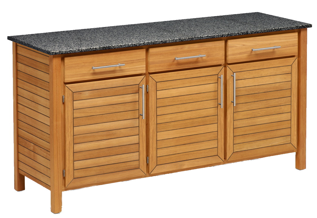 Weishäupl Deck Pflanzboard: Outdoor-Element mit drei Türen, drei Schubladen und grauer Steinplatte.