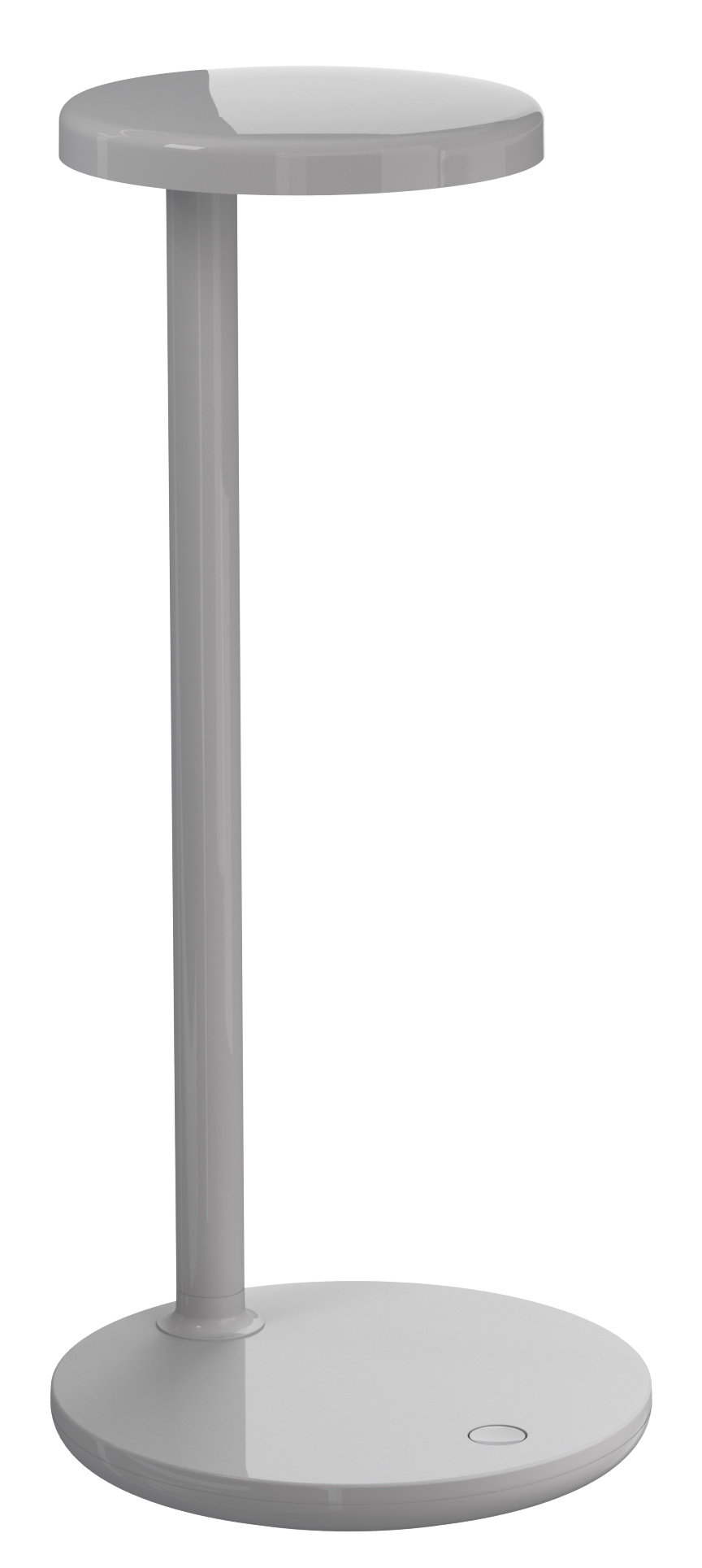Helle, hellgraue Oblique Qi Tischleuchte von Flos, moderne LED Lampe für Schreibtisch und Nachttisch.