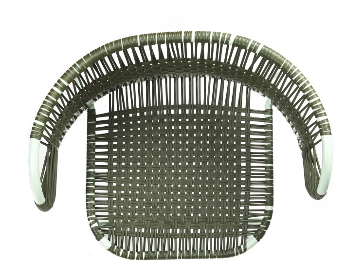 Draufsicht: Cielo Armlehnstuhl, stapelbarer Outdoor-Stuhl in Olivegrün mit pastellgrünem Gestell. Gartenmöbel für Terrasse und Balkon.