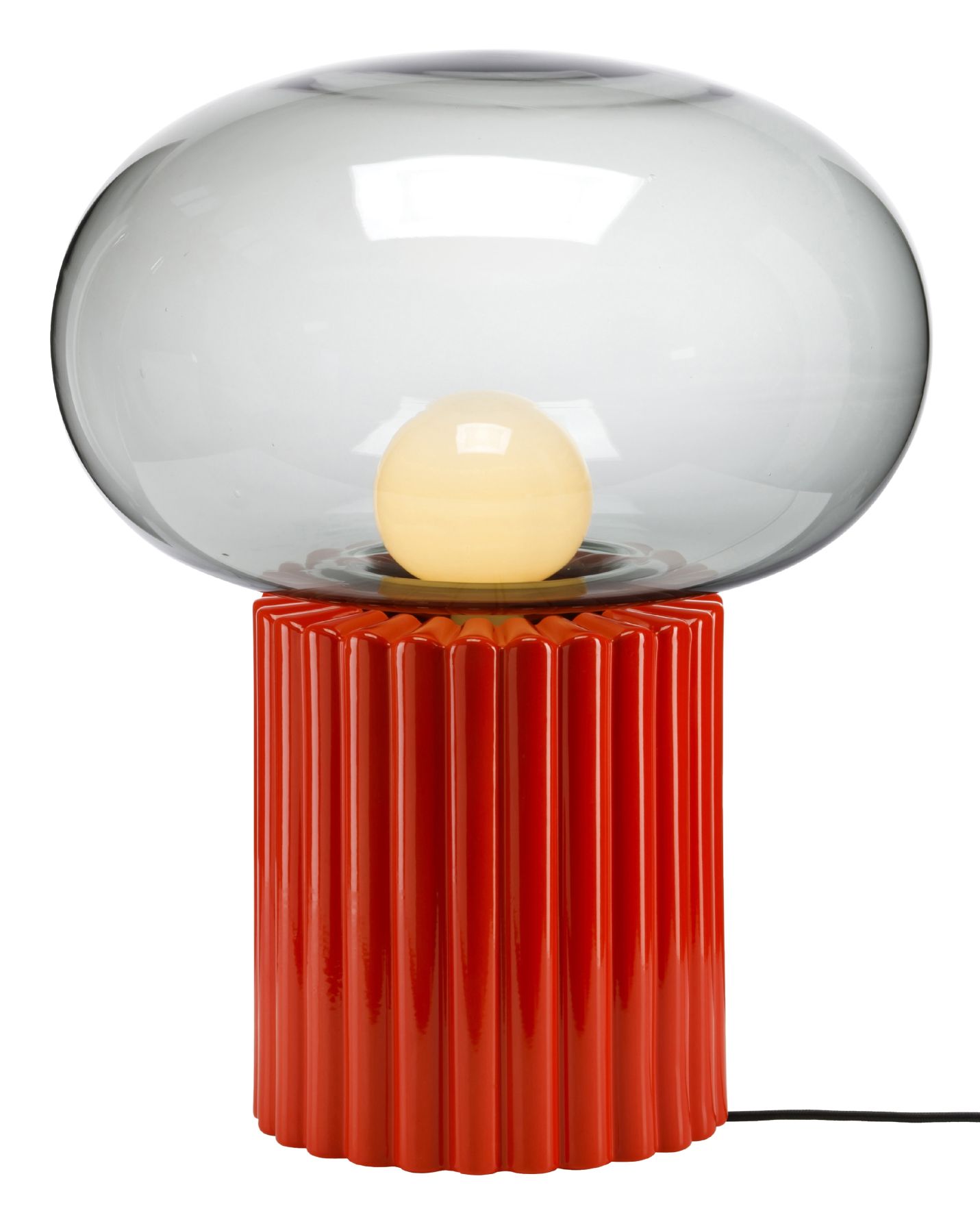 Fungi Favius Bodenleuchte: Moderne Lampe mit rotem Sockel und grauer Glaskuppel.