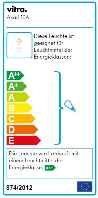 Energieetikett der Akari Tischleuchte von Vitra, das die Energieeffizienzklasse A++ zeigt.