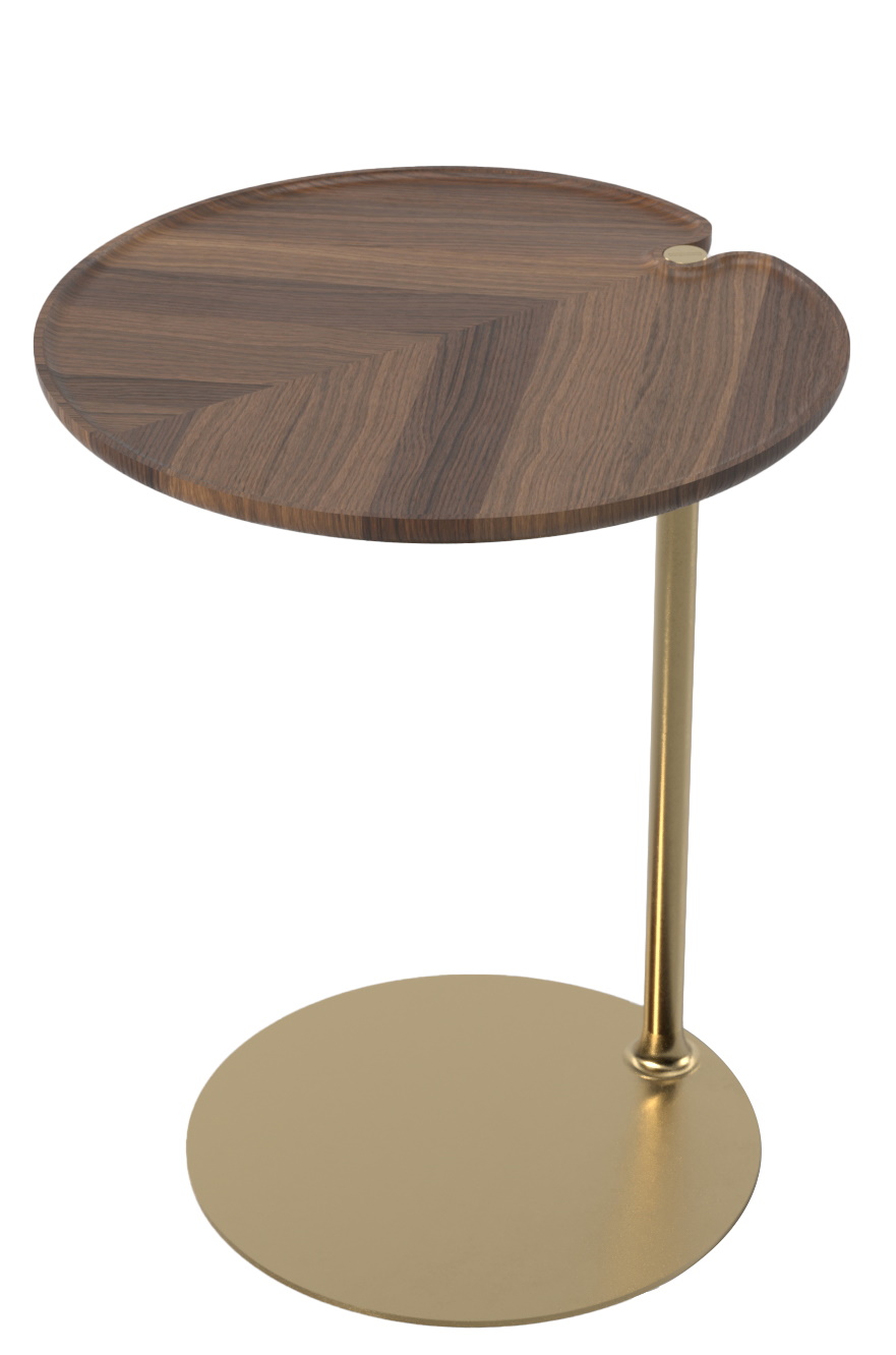 Leaf Beistelltisch mit Holzplatte und goldenem Metallfuß. Moderner kleiner Tisch für Wohnzimmer.