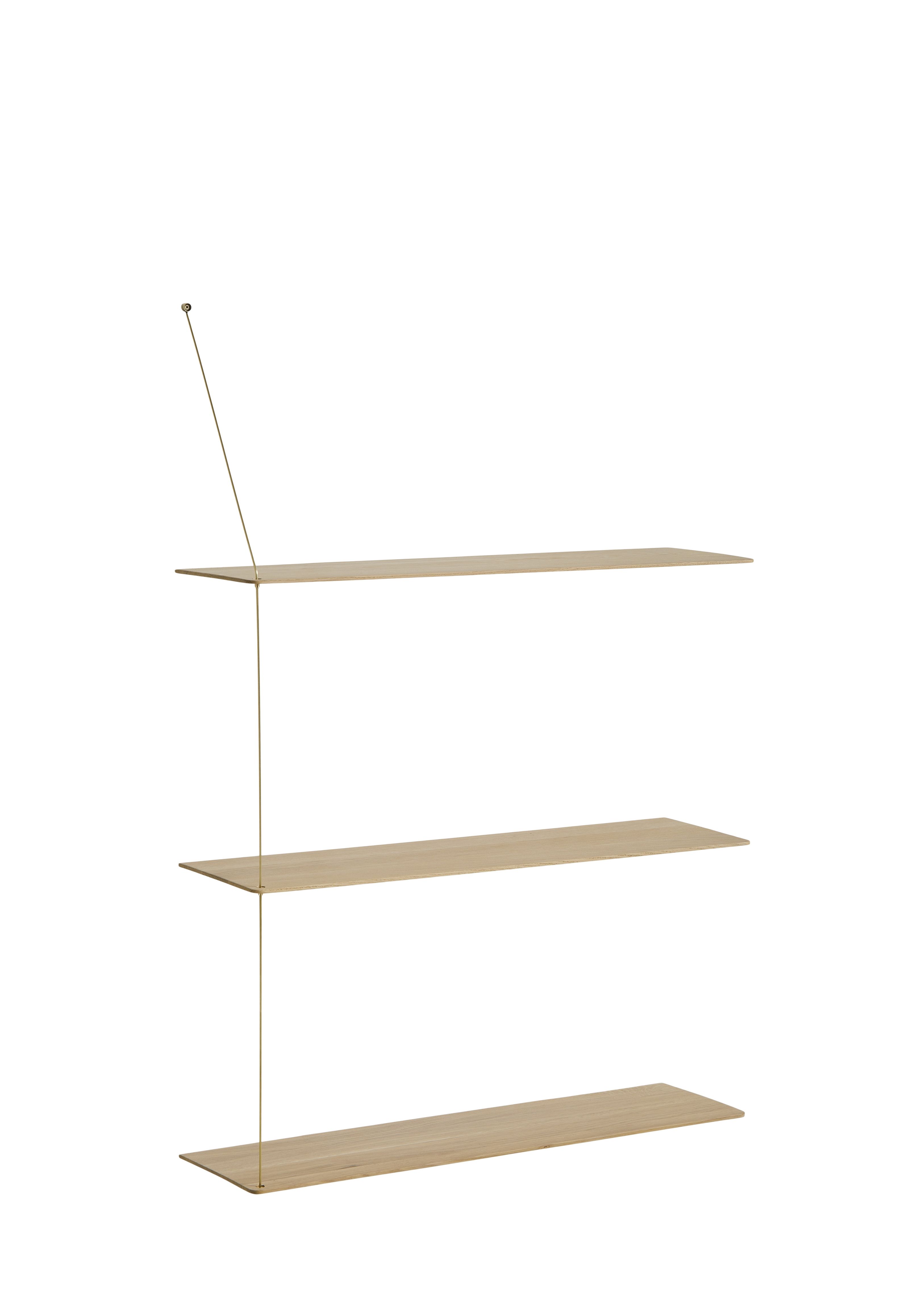 Stedge Add-on Regal von Woud, Jubiläumsedition: Drei helle Holzregalböden mit filigraner Aufhängung.