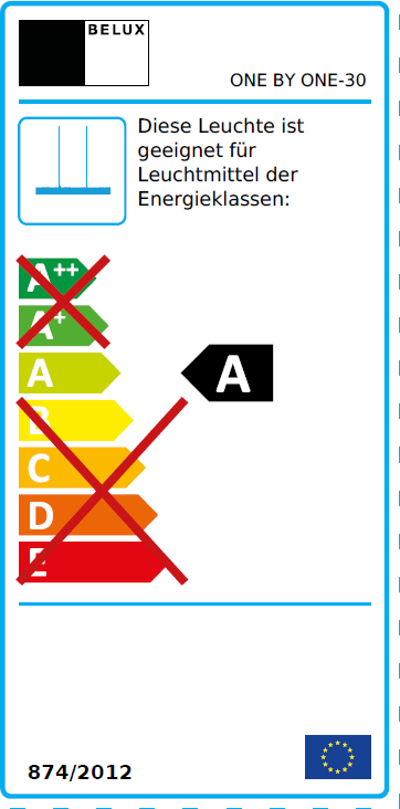 Energielabel der Belux One by One Pendelleuchte mit Energieeffizienzklasse A. Pendellampe für energiesparende Beleuchtung.