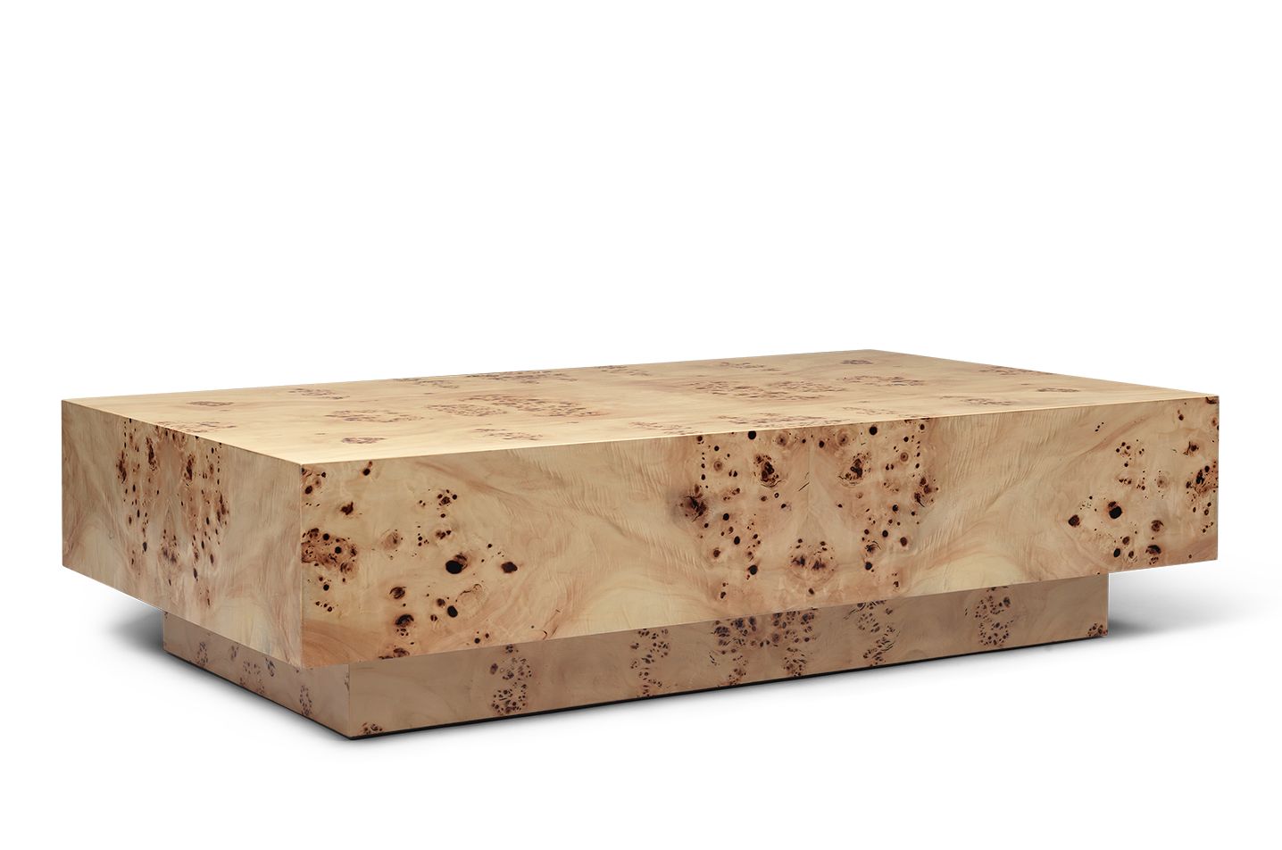 Natürlicher Burl Couchtisch von Ferm Living, rechteckig, aus hellem Holz mit auffälliger Maserung.