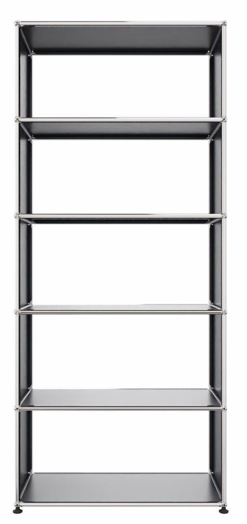 USM Haller Regal in Anthrazitgrau mit fünf Fächern und verchromtem Gestell, modernes modulares Möbeldesign.