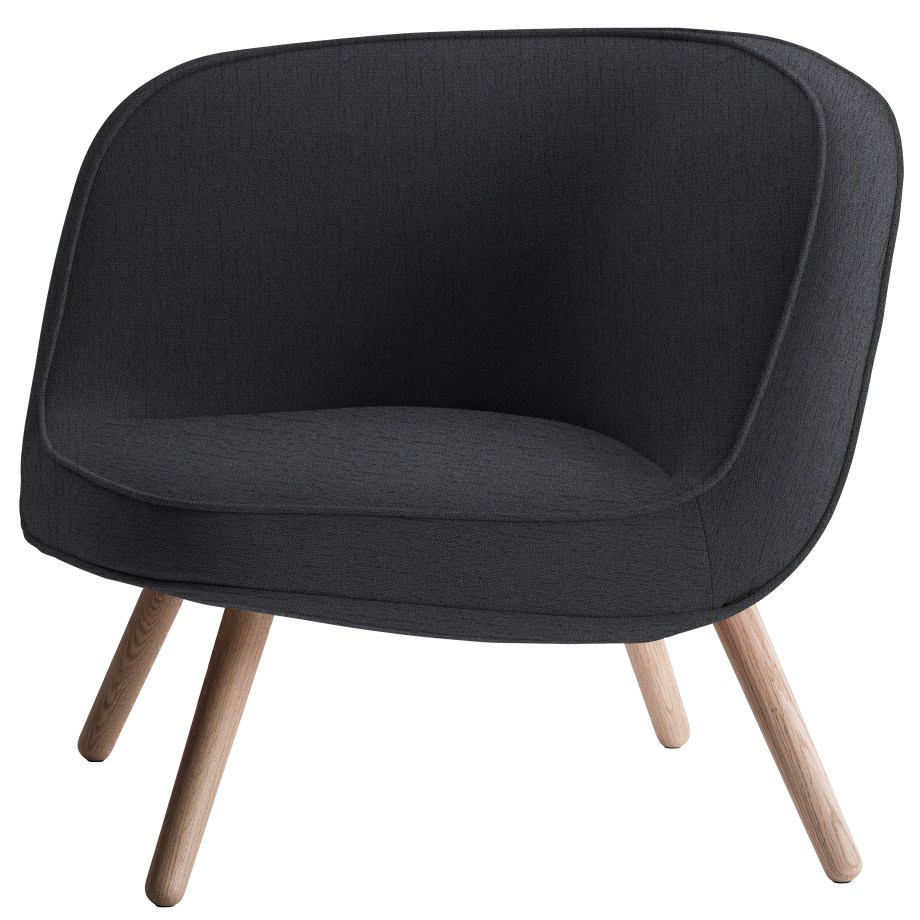 Via57 Sessel von Fritz Hansen, moderner Loungesessel mit dunklem Stoffbezug und hellen Holzfüßen.