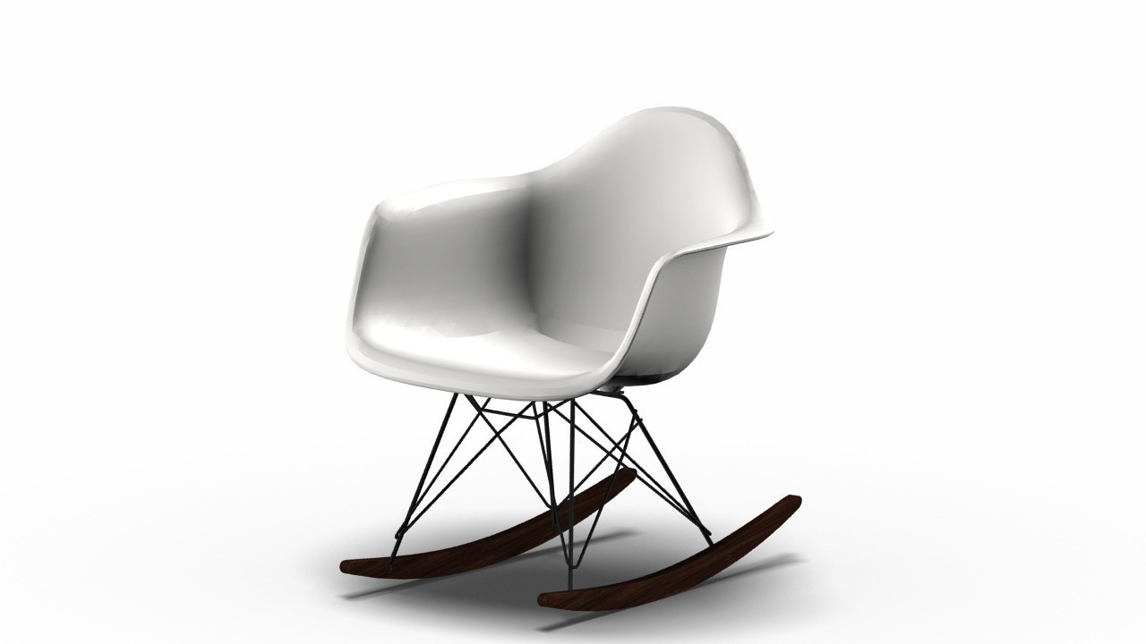 Vitra Eames RAR Schaukelstuhl mit weißer Sitzschale und Ahorn-Kufen, modernes Design für Wohnzimmer.