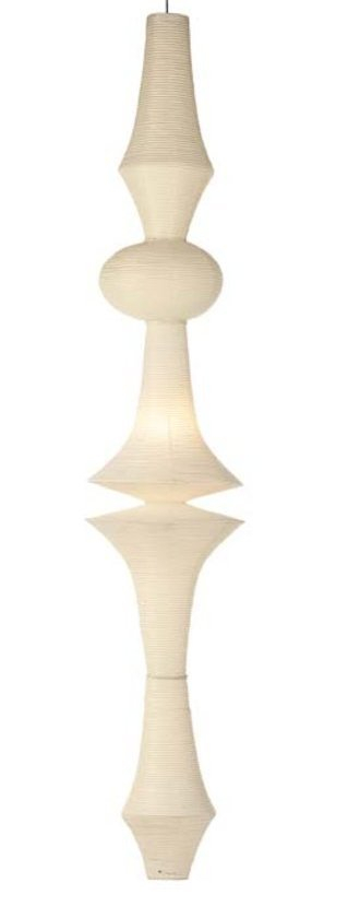 Akari Hängeleuchte E von Vitra, eine hohe, weiße Papierleuchte mit abstrakten Formen.