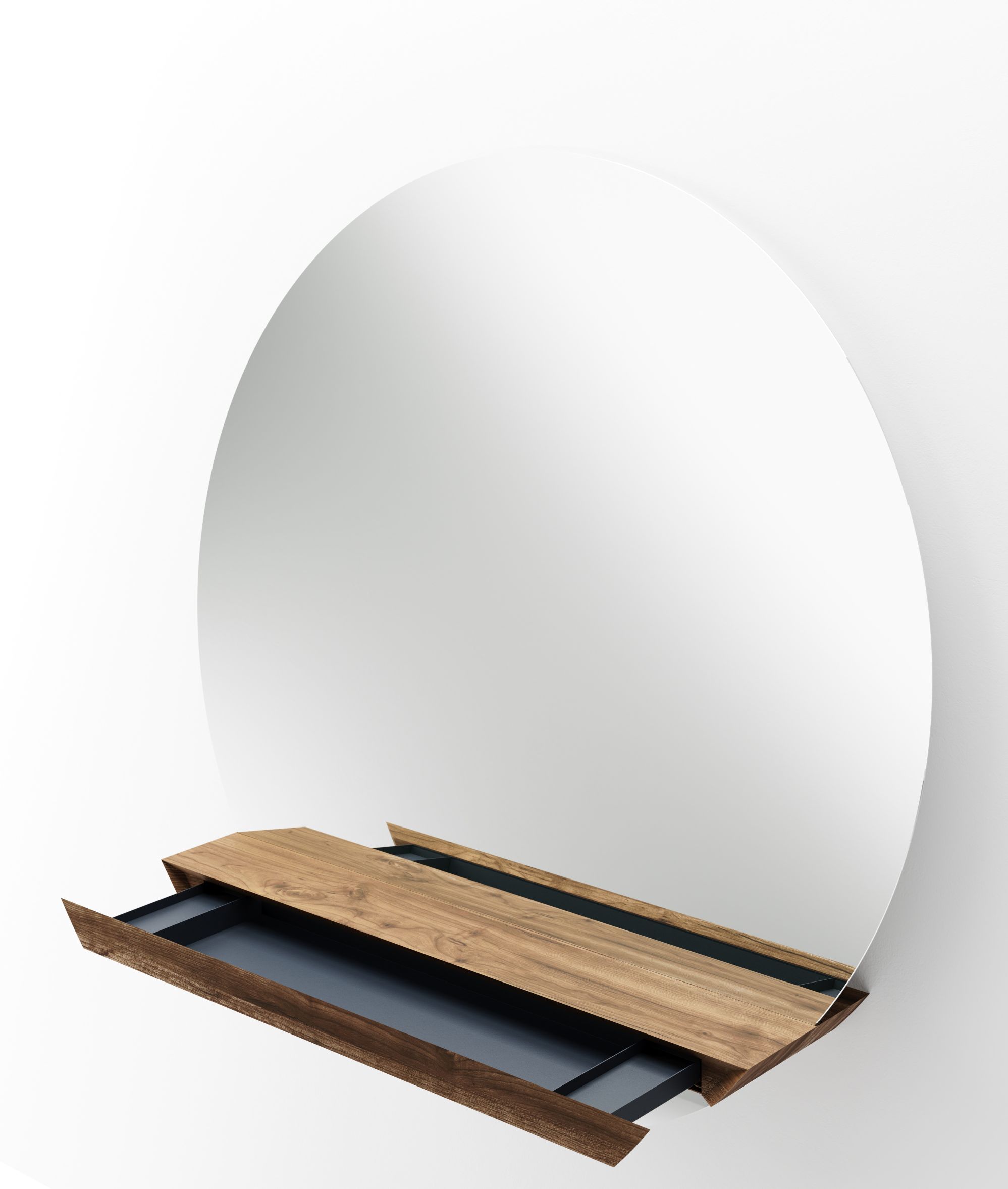 Guillotine Round Spiegel: Runder Wandspiegel mit Walnuss Ablage und Schublade für Badezimmer oder Flur.