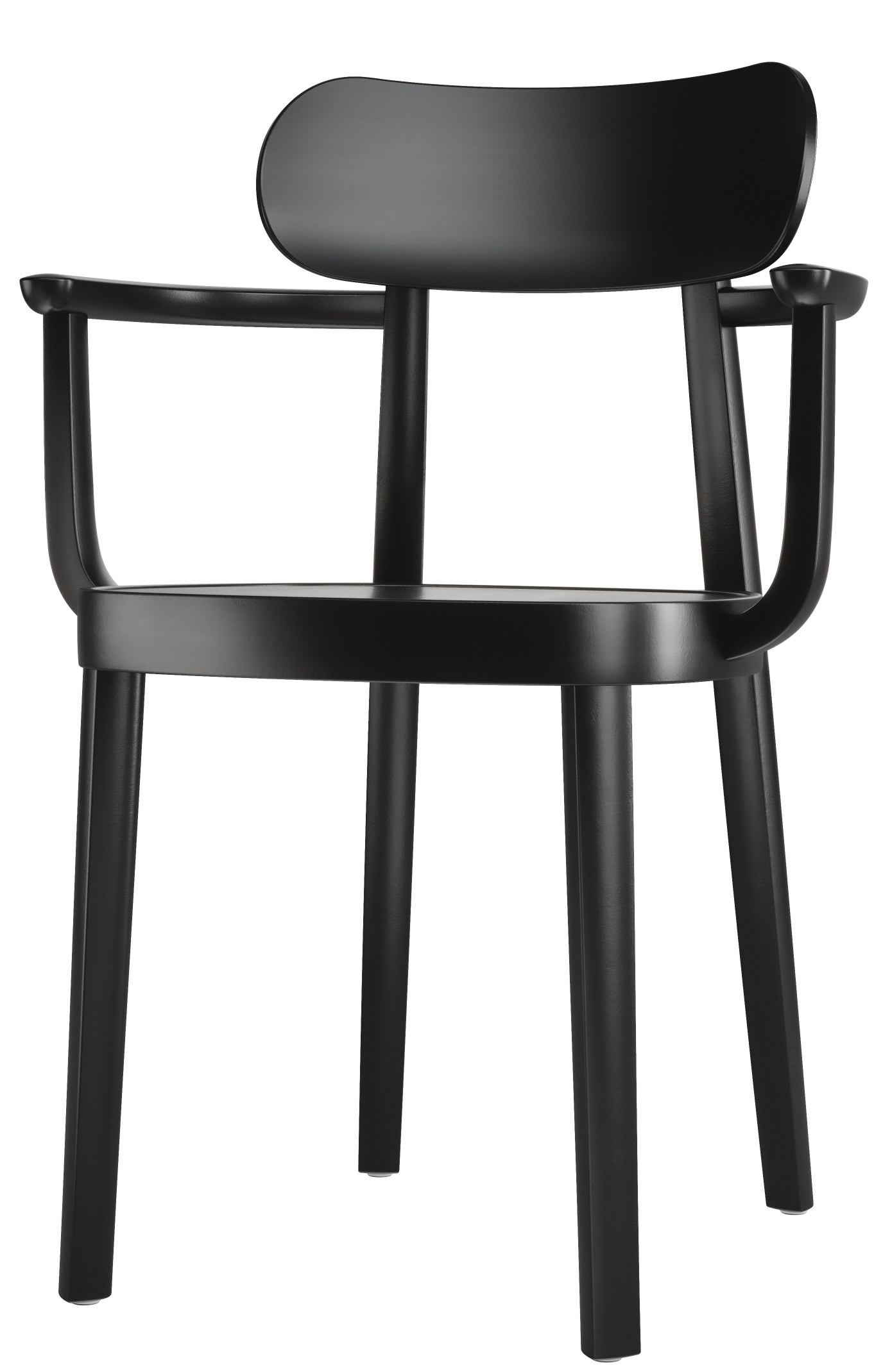 Schwarzer Holzstuhl mit Armlehnen, Modell 118 MF Thonet, Designklassiker für Esszimmer und Wohnbereich.