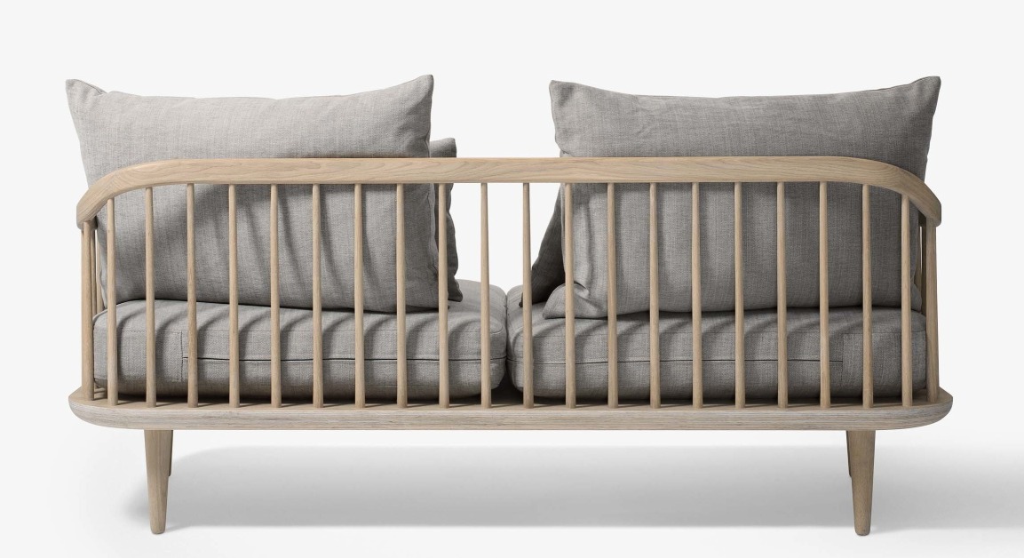 Fly Lounge 2-Sitzer Sofa mit Eichenholzrahmen und grauem Stoffbezug. Modernes Sofa für Wohnzimmer.