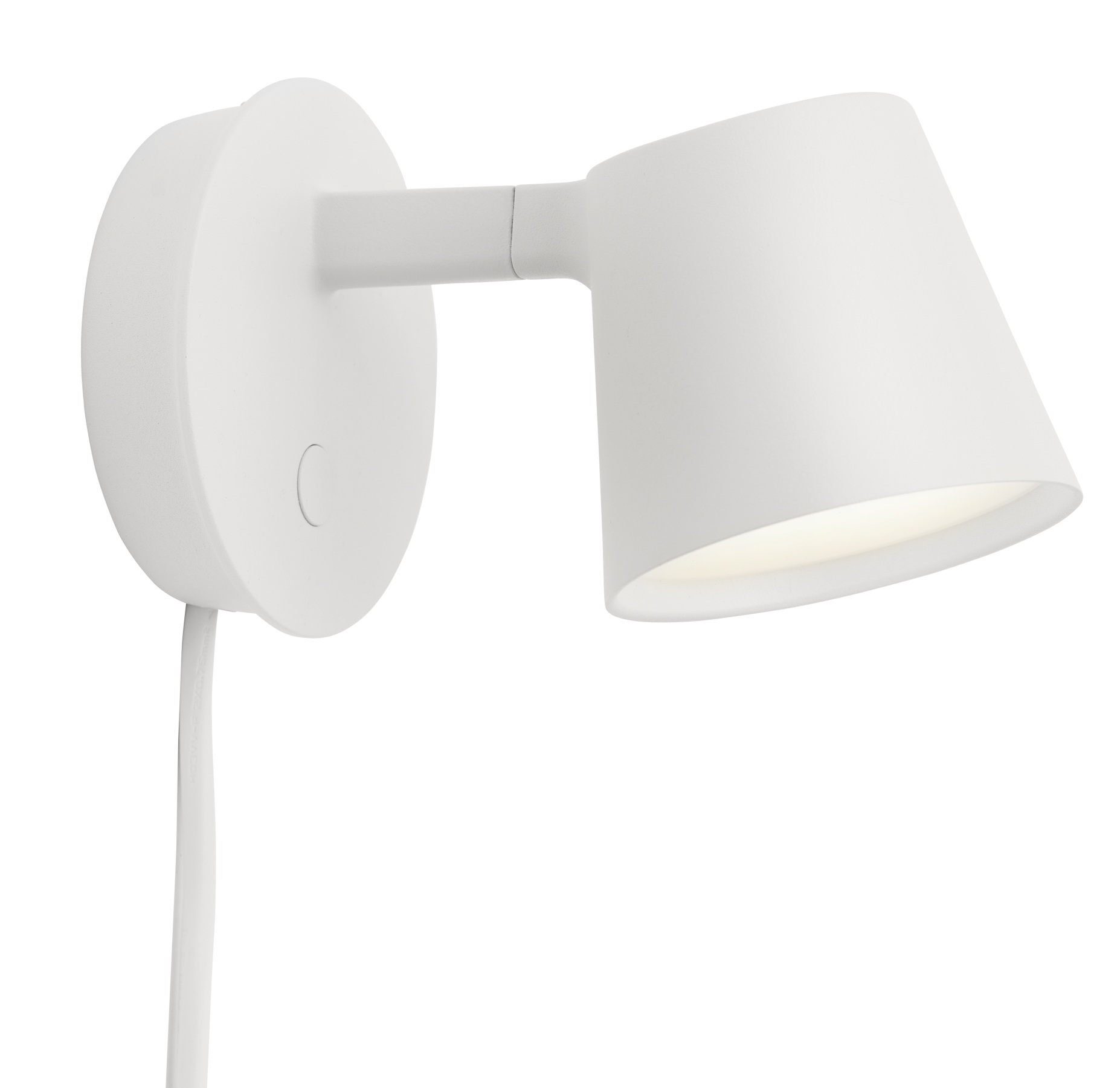 Weiße Muuto Tip Wandleuchte mit Kabel, minimalistisches Design für Schlafzimmer und Wohnzimmer.