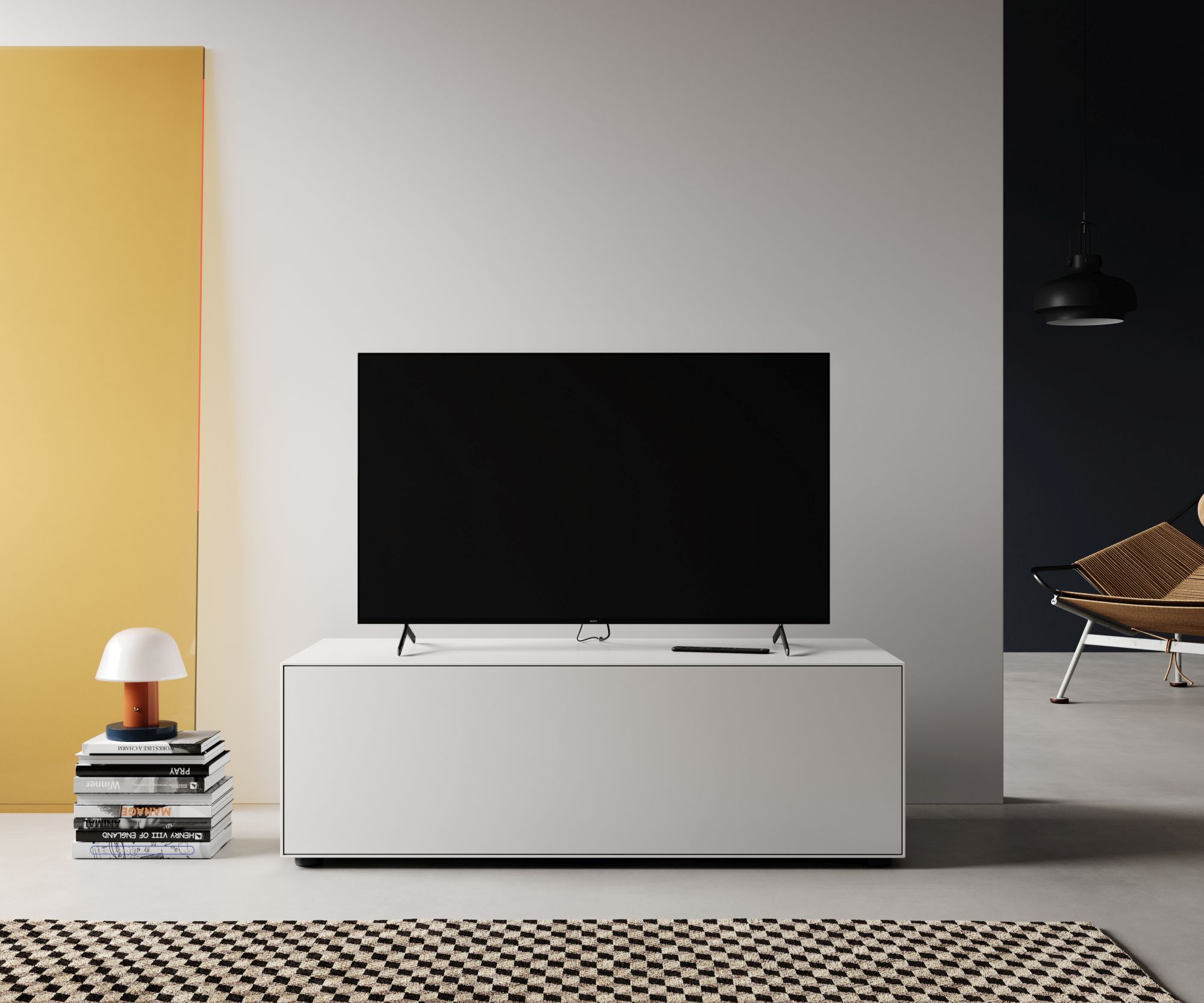 Weißes Nex Pur Box TV-Lowboard von Piure mit Medienklappe und modernem Design.