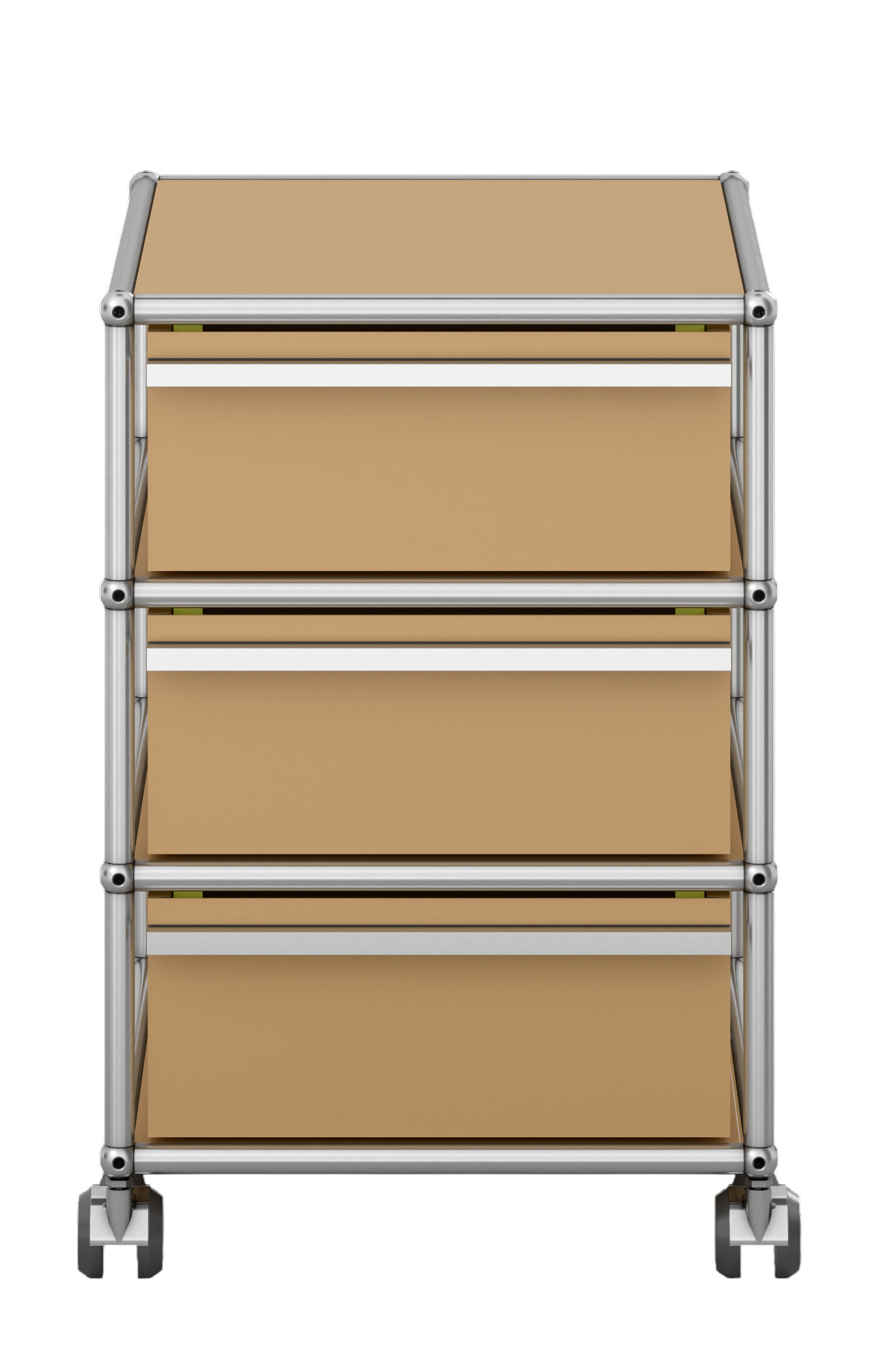 Beiger USM Haller Rollcontainer QUICK SHIP mit drei Schubladen und verchromtem Gestell.