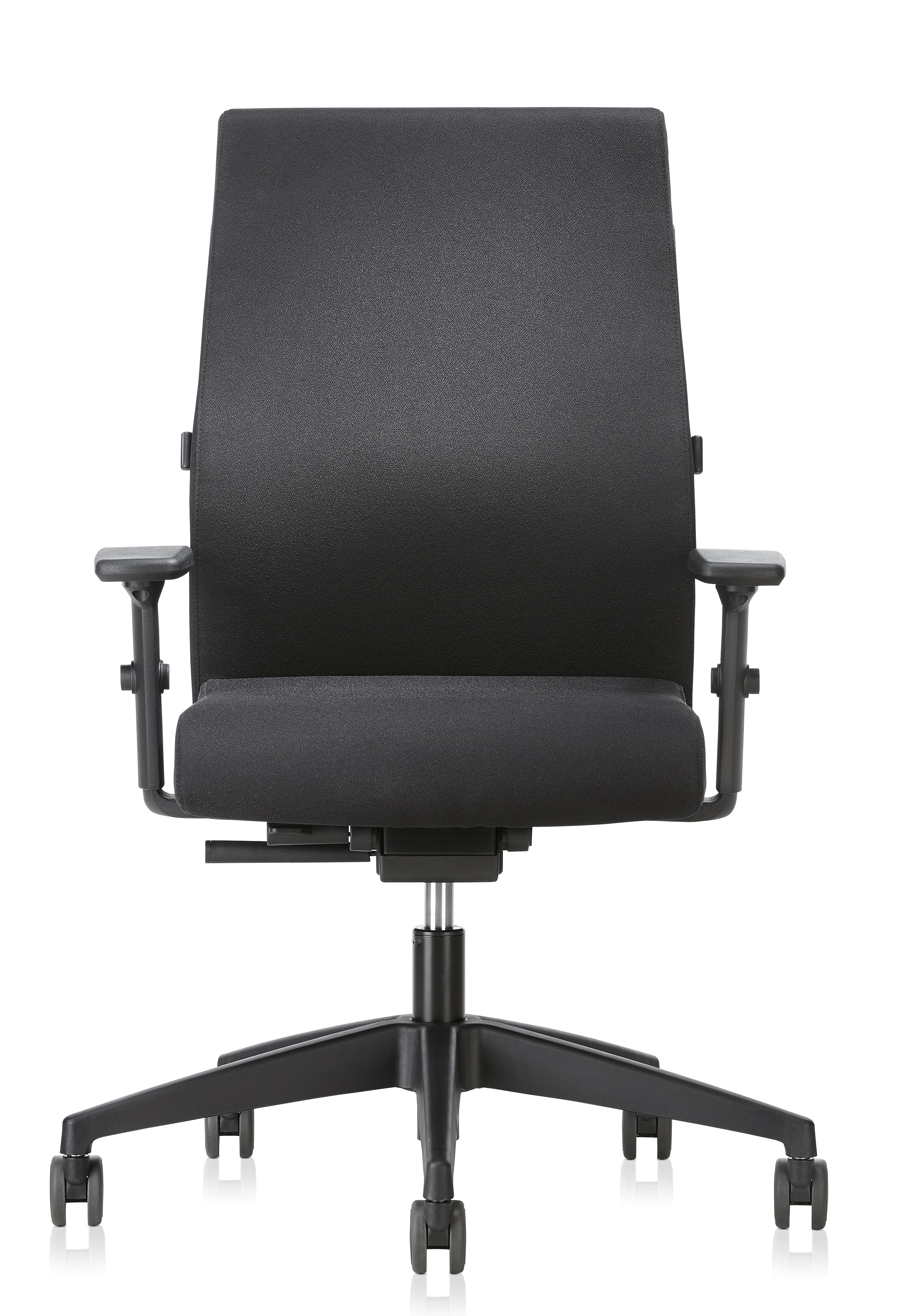 Schwarzer Famos Drehstuhl von Interstuhl, ergonomischer Bürostuhl mit Armlehnen und Rollen.