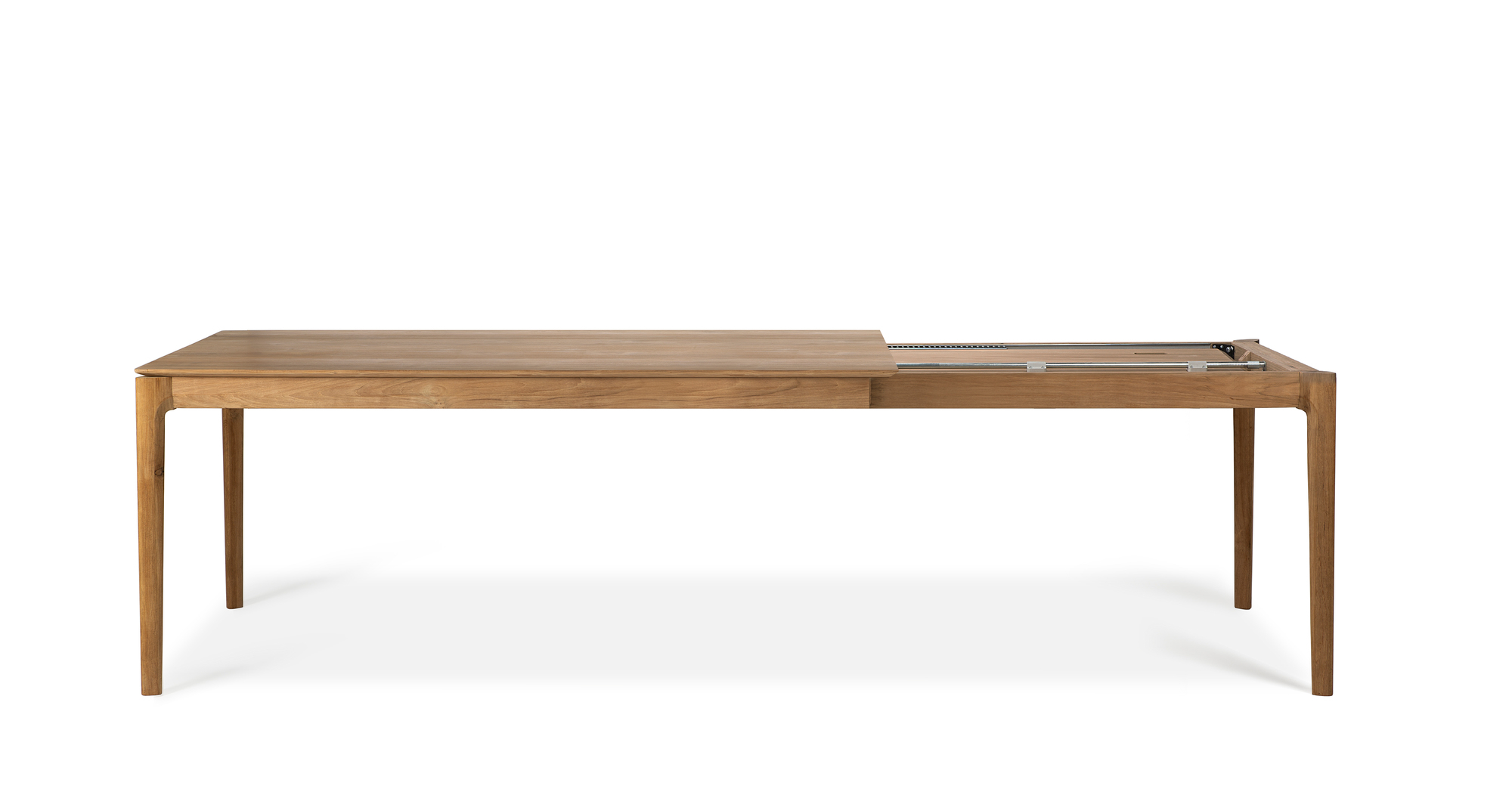 Teak Bok Ausziehtisch von Ethnicraft, Breite 180 cm, mit sichtbarem Ausziehmechanismus, ideal für Esszimmer.