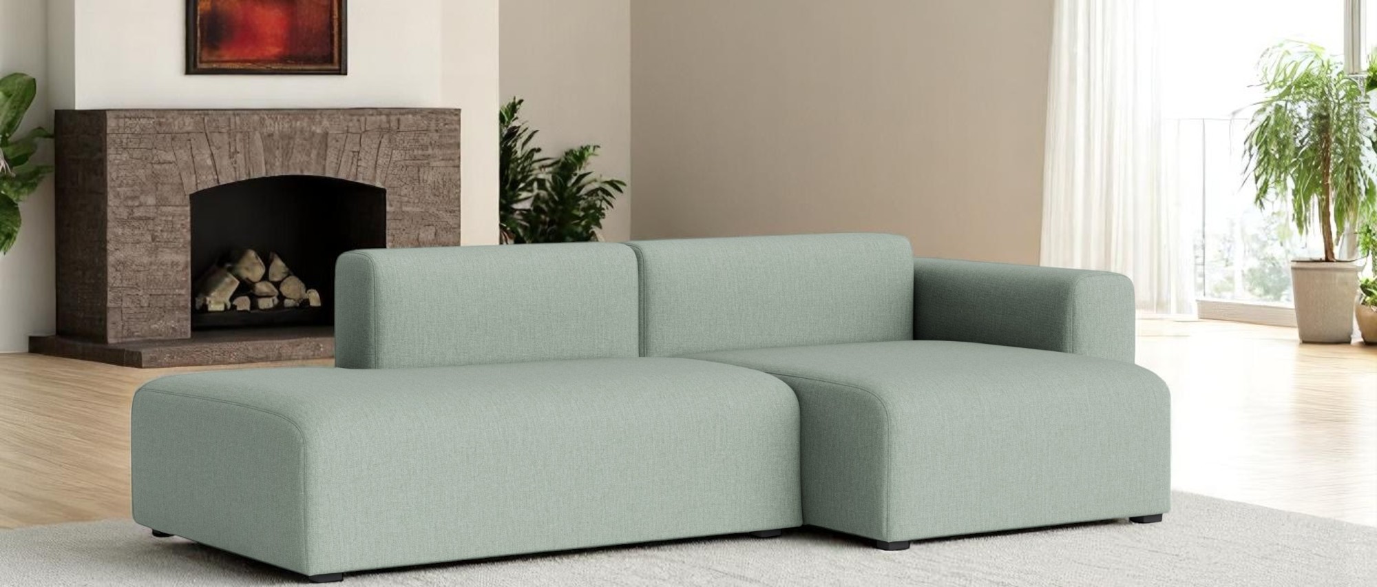 Helles Mags Sofa 2,5-Sitzer mit Armlehne rechts, Stoff Linara 440, modernes Wohnzimmer.