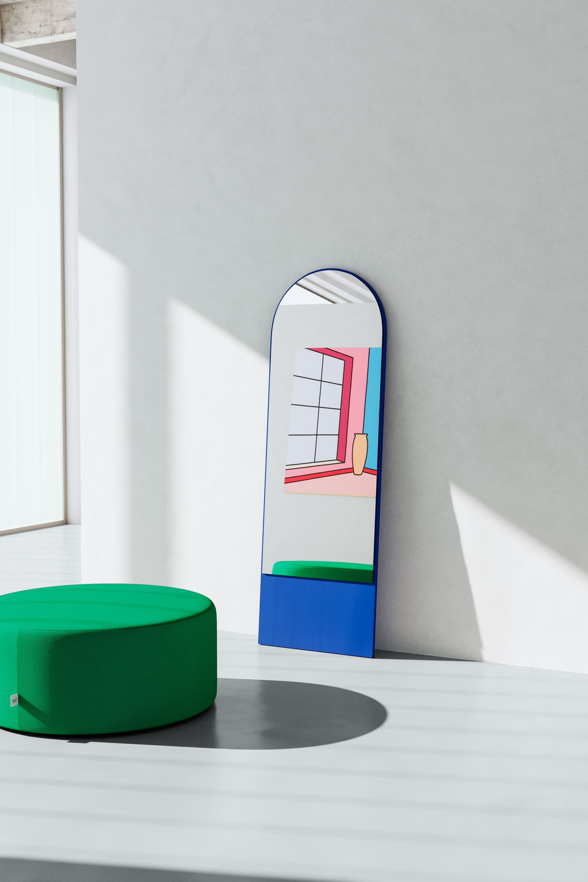 Moderner Friedrich Spiegel in Esche Berliner Blau, ein stilvolles Deko-Element für Wohnzimmer und Schlafzimmer.