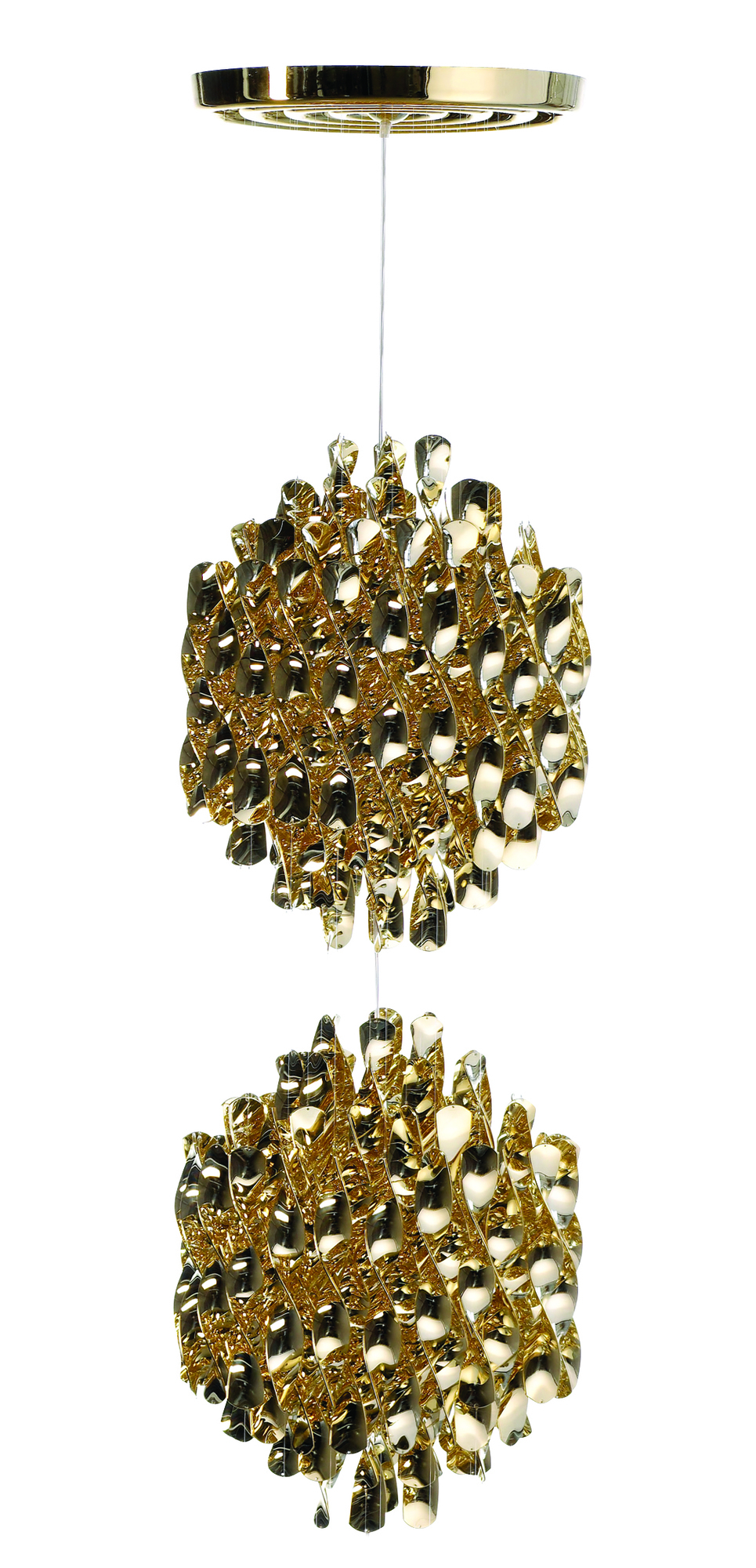 Goldene Spiral SP2 Pendelleuchte von Verpan mit spiralförmigen Elementen und elegantem Design.