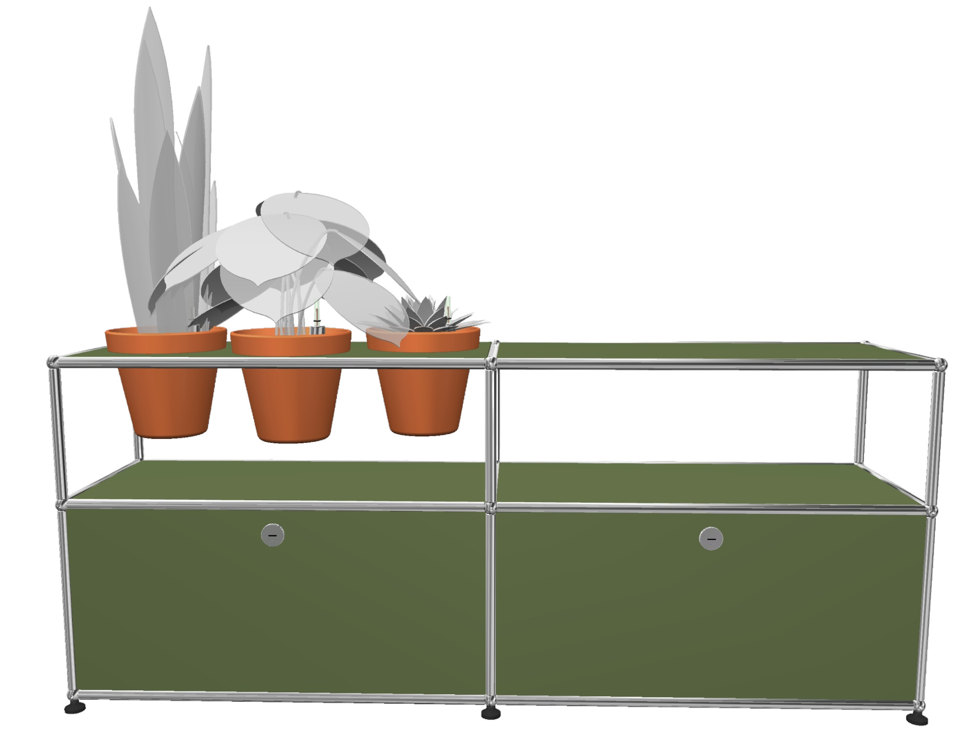 Olivgrünes USM Haller Sideboard mit Pflanzenwelten Konfiguration und drei Pflanzen in Töpfen.