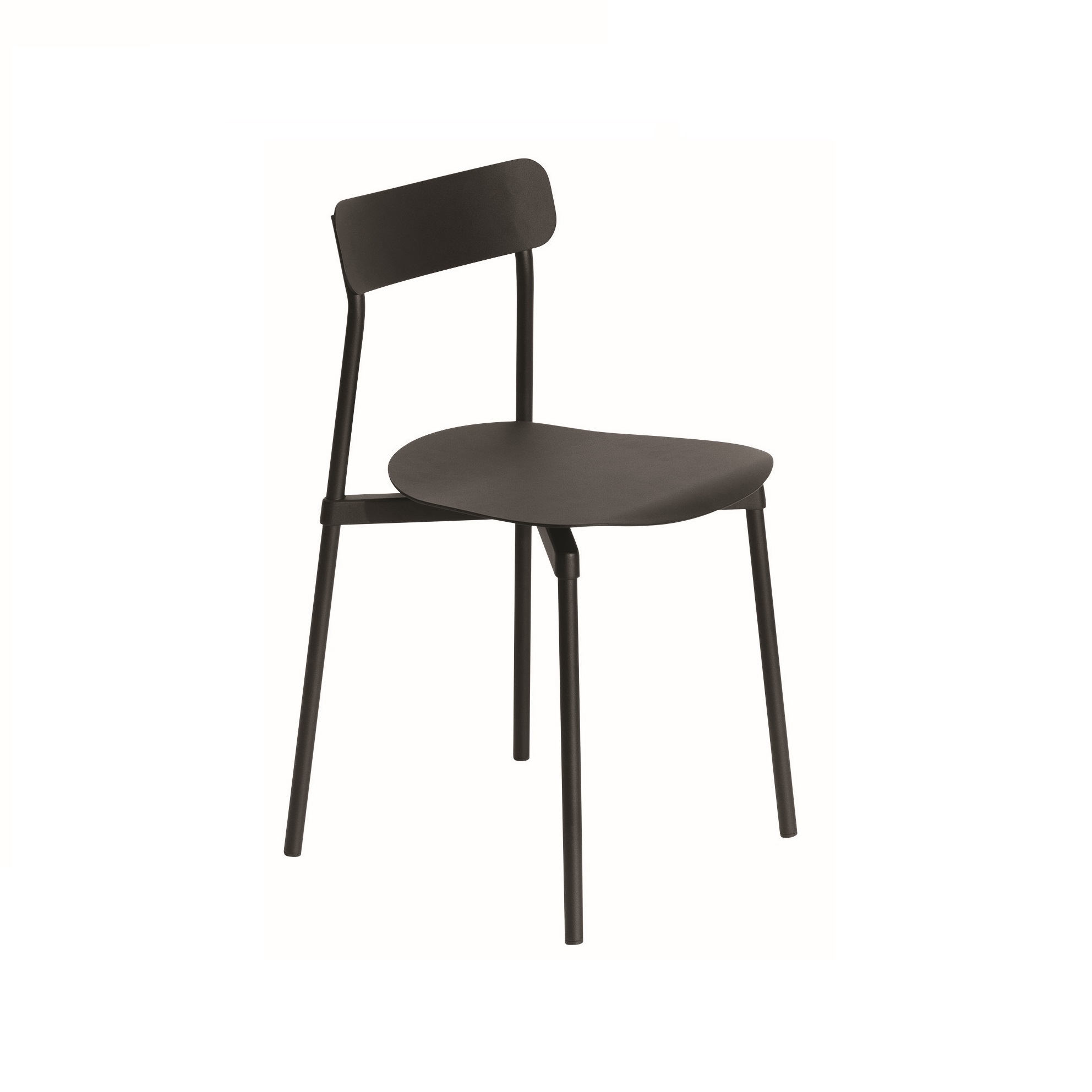 Schwarzer minimalistischer Stuhl mit Rückenlehne und vier Beinen, ideal für Esszimmer und Küche.