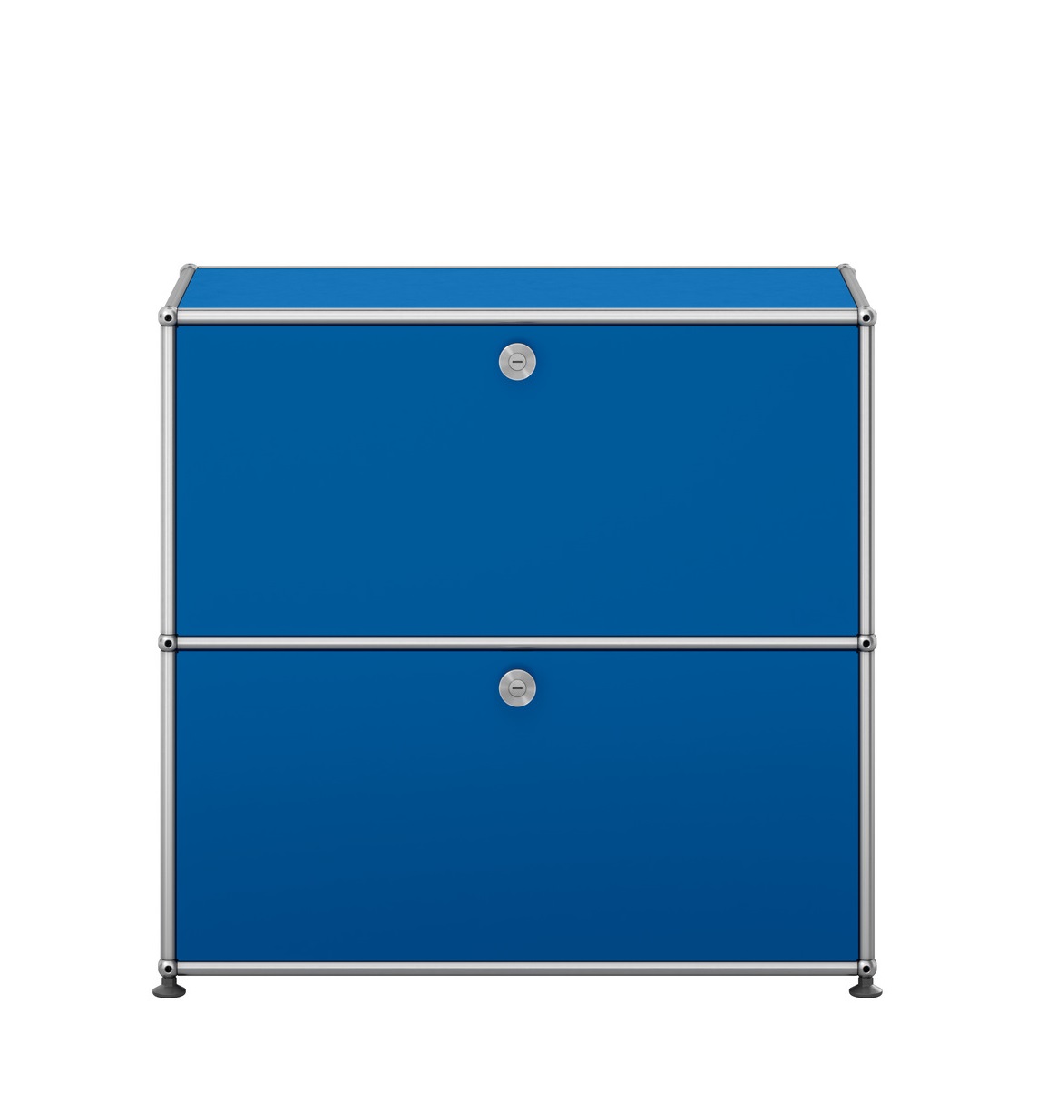 USM Haller Sideboard klein in Enzianblau mit zwei Fächern und silbernem Gestell.