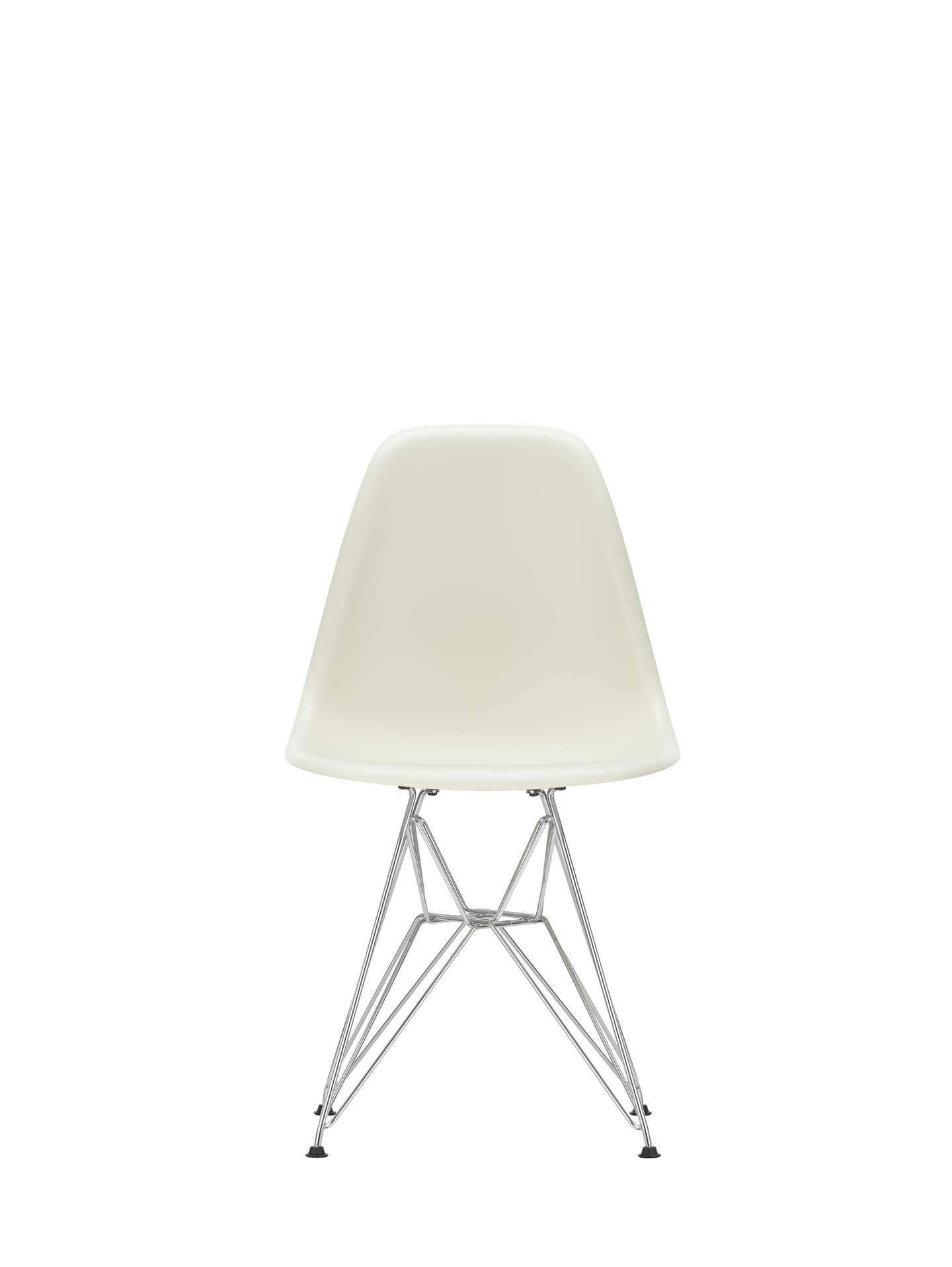Weißer Eames Plastic Side Chair DSR Stuhl von Vitra mit Chromgestell, moderner Designklassiker.