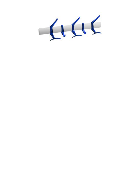 Helle Aufnahme: Blaue Hanger Wandgarderobe von Kartell mit fünf Haken an weißer Stange.