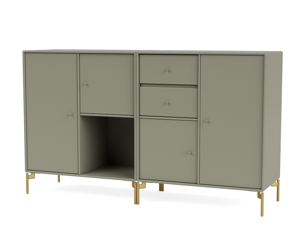 Couple Sideboard in Fennel mit Messingfüßen: Modernes Sideboard mit Schubladen, Türen und offenem Fach.
