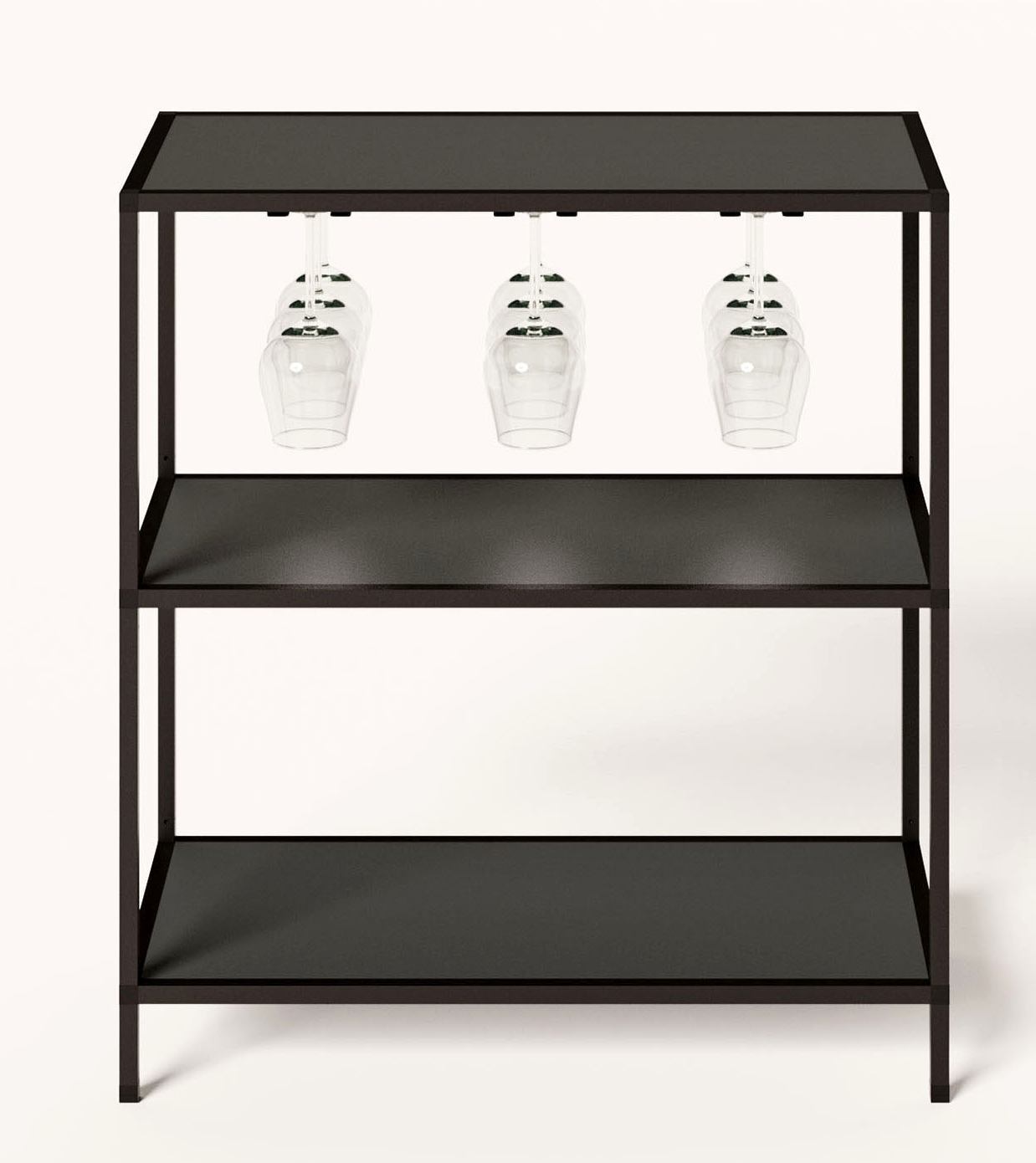 Schwarzes P4 Regal mit zwei Fächern und Gläserhalterung, modernes Design für Wohnzimmer und Büro.