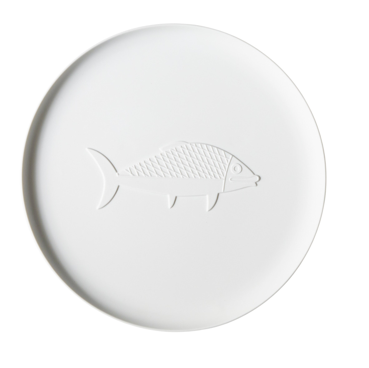 Weißes Chandigarh Tablett von Cassina mit geprägtem Fischmotiv, modernes Design für stilvolles Servieren.