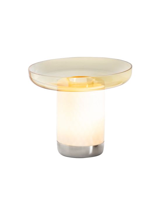 Bontà Akkuleuchte von Artemide in Topas: Moderne Tischleuchte mit Platte und warmem Licht.