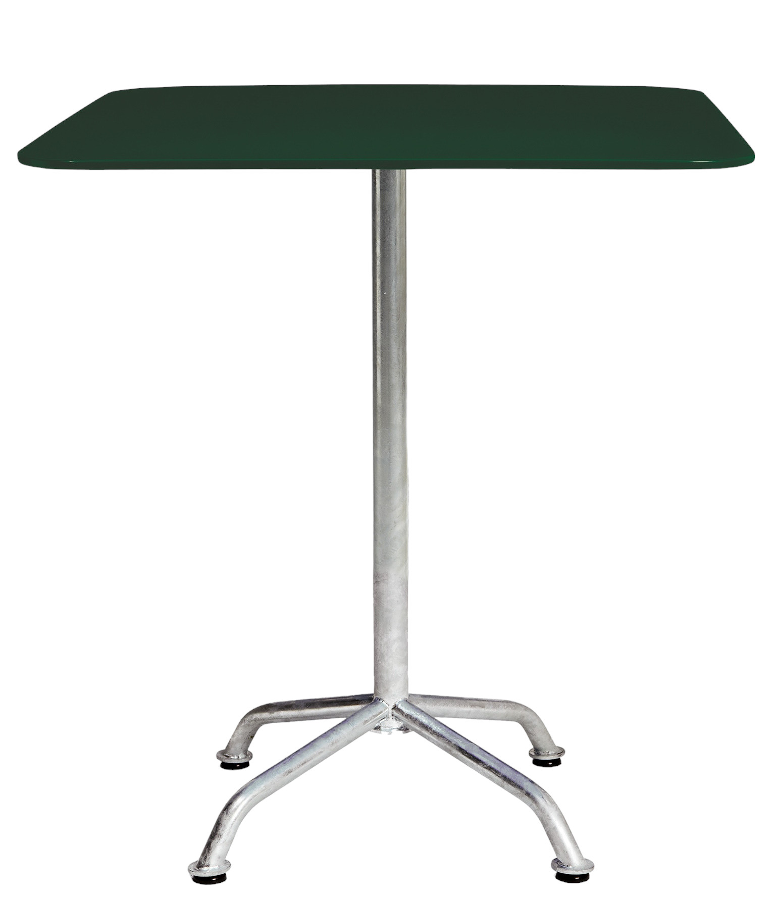 Haefeli Gartentisch von Embru, quadratisch, dunkelgrüne Tischplatte, silbernes Metallgestell für den Außenbereich.