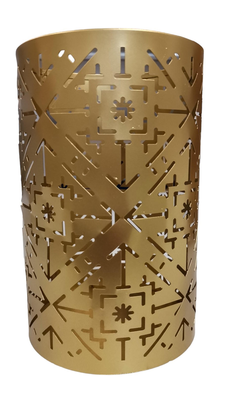 Goldener Wilma Teelichthalter von House Doctor mit filigranem Muster aus Pfeilen und Sternen, stimmungsvolle Tischdeko.