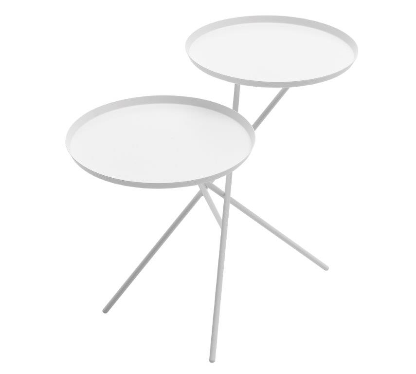Weißer Monday Beistelltisch mit zwei runden Tischplatten und filigranem Metallgestell. Moderner Couchtisch.