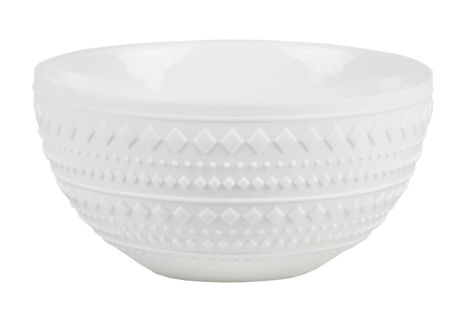 Weiße "Dining Wunderkugel" Schale mit geprägtem Muster, ideal für Müsli, Suppe oder Salat.