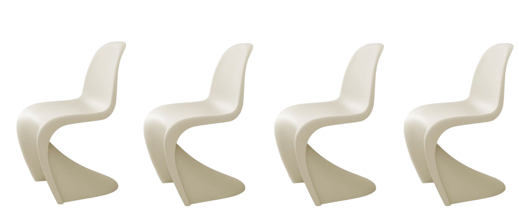Vier beige Panton Stühle aus Kunststoff im 4er-Set, modernes Design für Esszimmer und Wohnbereich.