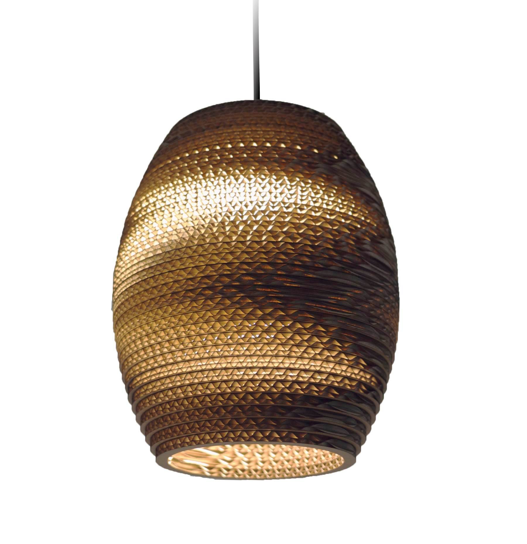 Oliv Scraplights Hängeleuchte von Graypants aus recycelter Pappe, warmes Licht, moderne Pendelleuchte für Wohnzimmer.