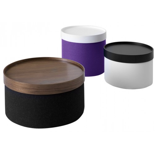 Drei Drum Hocker/Beistelltische klein Softline in Schwarz, Lila und Weiß mit Holz- und Kunststoffplatte.