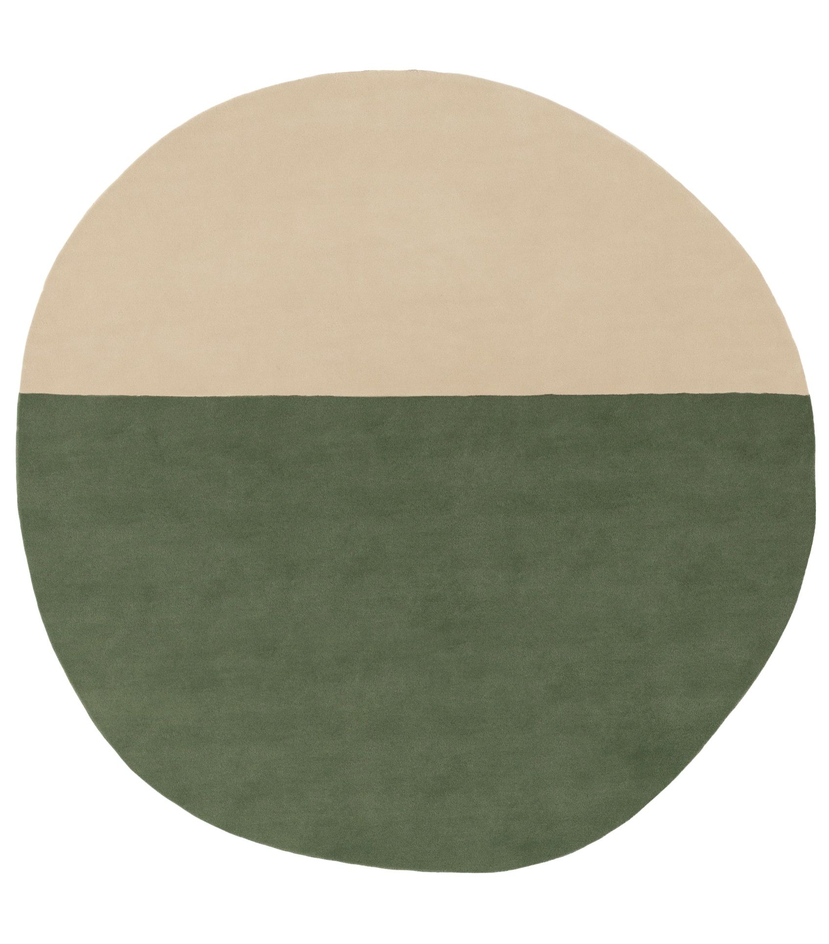 Runder Pearls Teppich von Nanimarquina, zweifarbig: Beige oben, Olivgrün unten. Wollteppich für Wohnzimmer.
