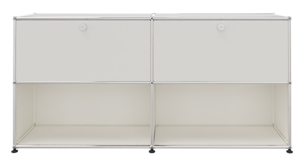 USM Haller Sideboard in Reinweiß mit zwei Schubladen und offenen Fächern, modernes Möbeldesign.