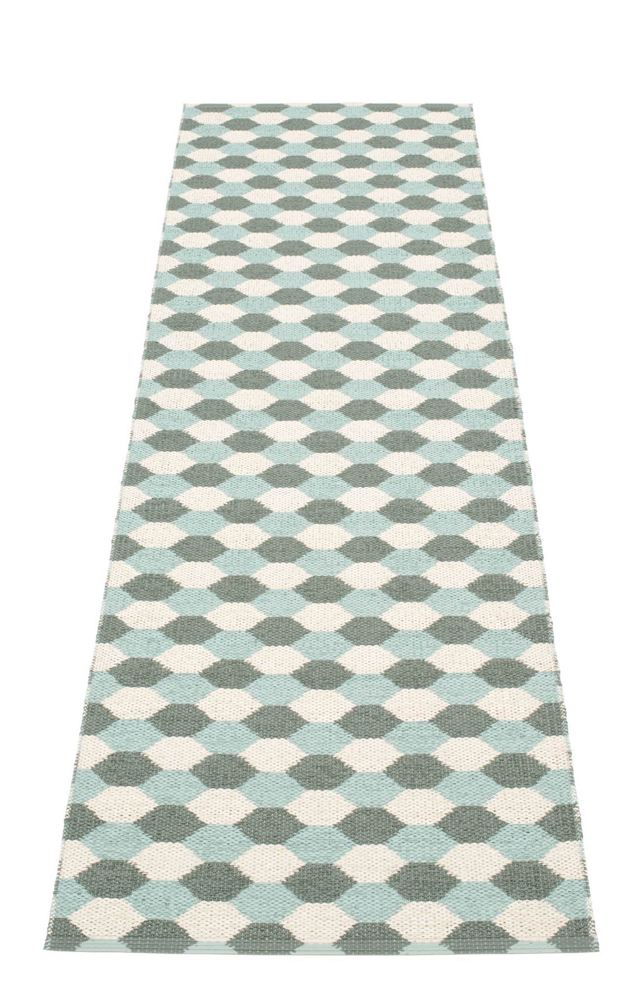 Dana Kunststoffteppich 70x250 army Pappelina mit geometrischem Muster in Grün-, Türkis- und Beigetönen.