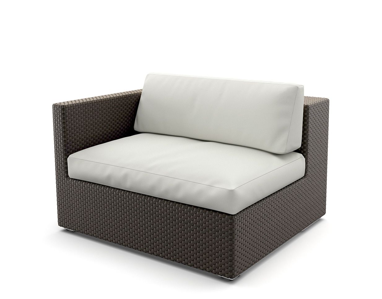 Dedon Lounge Modul rechts: Braune Rattan Gartenlounge mit weißen Kissen für den Außenbereich.
